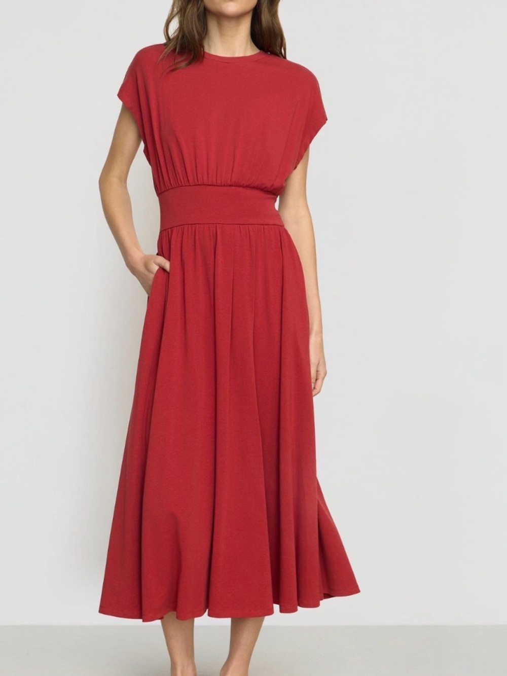 NWOT Modern Citizen Red Cap Sleeve Midi Dress Cinched Waist Organic Cotton M